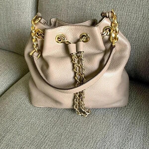 Michael Kors crossbody chain drawstring  bucket bag neutral putty color